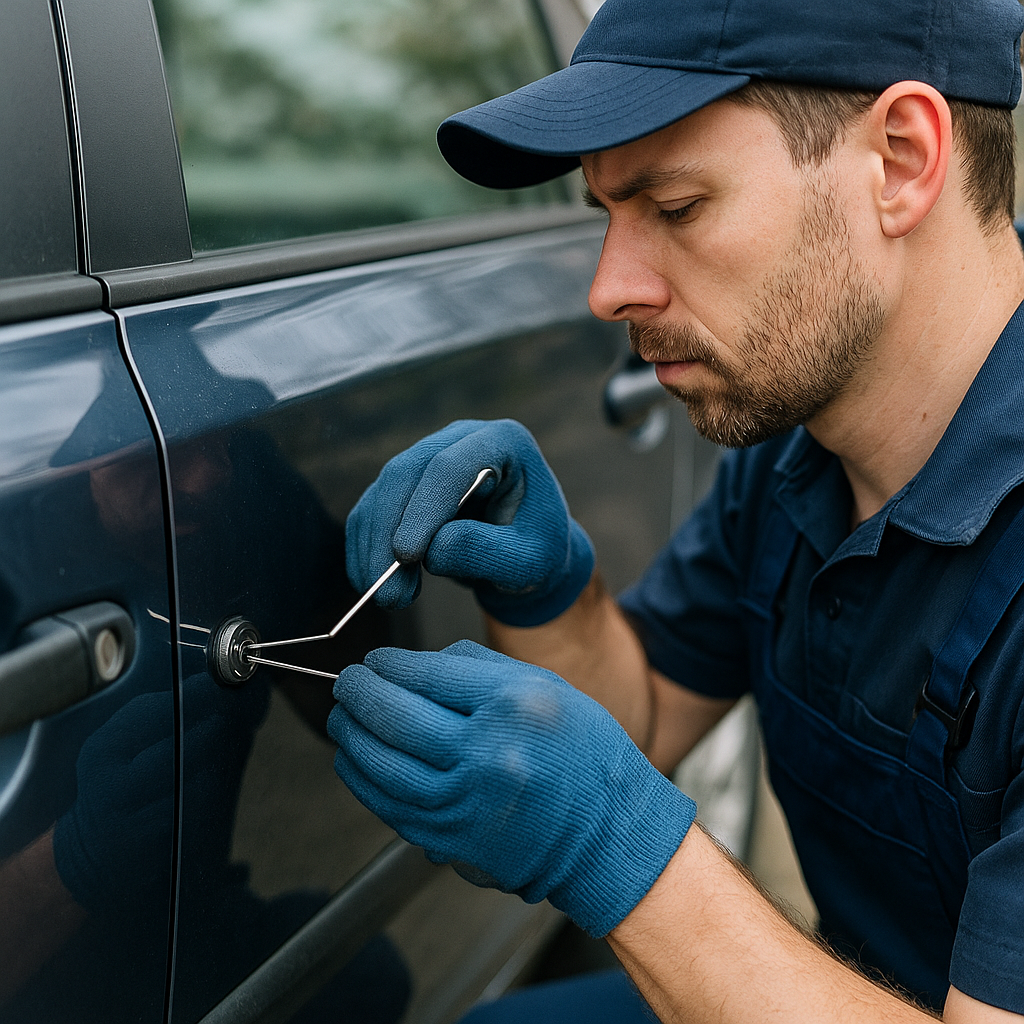 Schlüsseldienst Pulheim öffnet eine verschlossene Autotür schnell und schonend, nachdem der Autoschlüssel im Fahrzeug liegt.